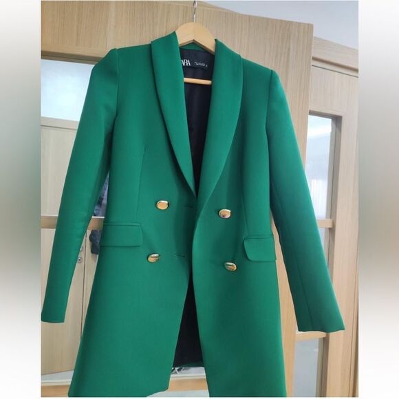NWT  WOMEN'S DOUBLE BREASTED LONG BLAZER DRESS Green SIZE XS - Picture 4 of 11